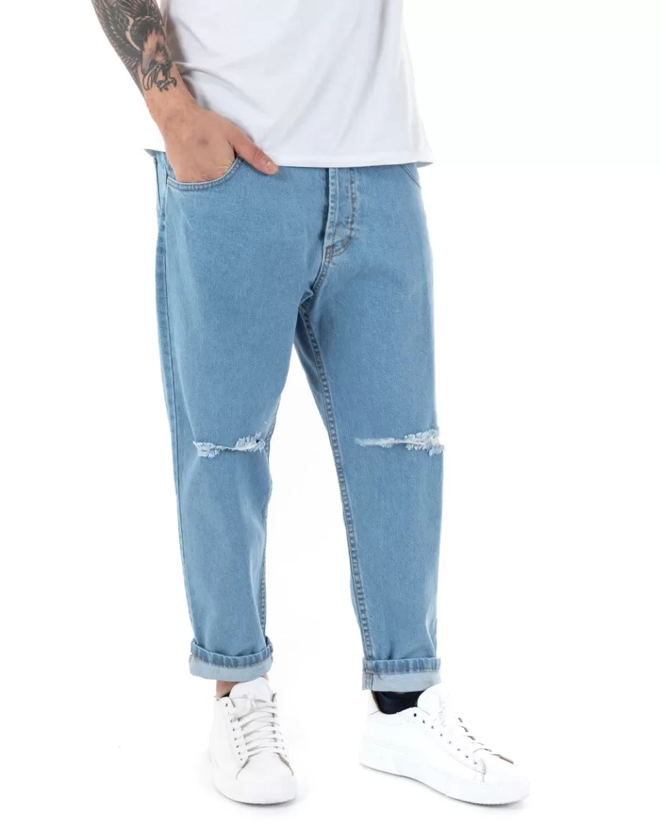 Pantaloni Jeans Uomo Loose Fit Denim Chiaro Con Rotture Cinque Tasche Casual GIOSAL-P5136A