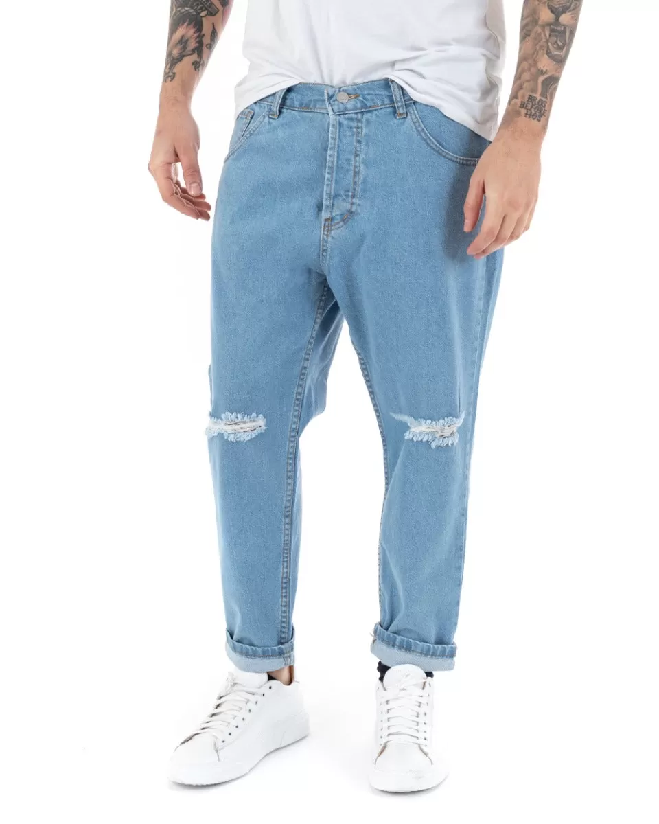 Pantaloni Jeans Uomo Loose Fit Denim Chiaro Con Rotture Cinque Tasche Casual GIOSAL-P5136A