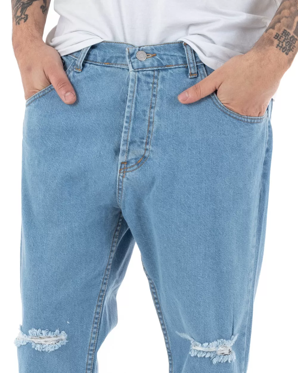 Pantaloni Jeans Uomo Loose Fit Denim Chiaro Con Rotture Cinque Tasche Casual GIOSAL-P5136A