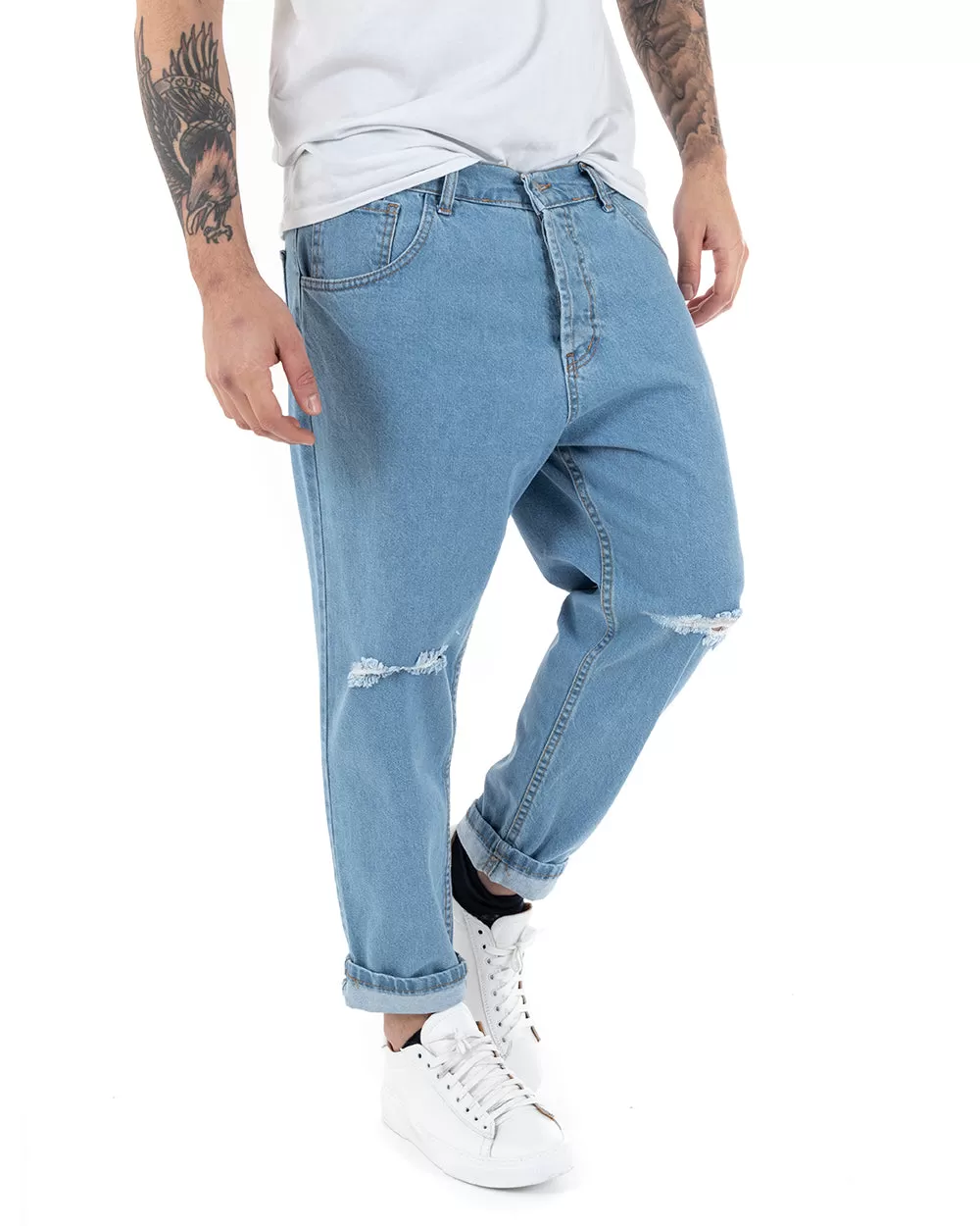 Pantaloni Jeans Uomo Loose Fit Denim Chiaro Con Rotture Cinque Tasche Casual GIOSAL-P5136A