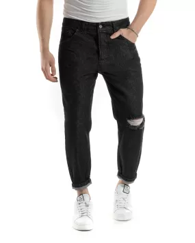 Pantaloni Jeans Uomo Straight Fit Taglio Al Ginocchio Denim Stonewashed Nero GIOSAL-JS1019A