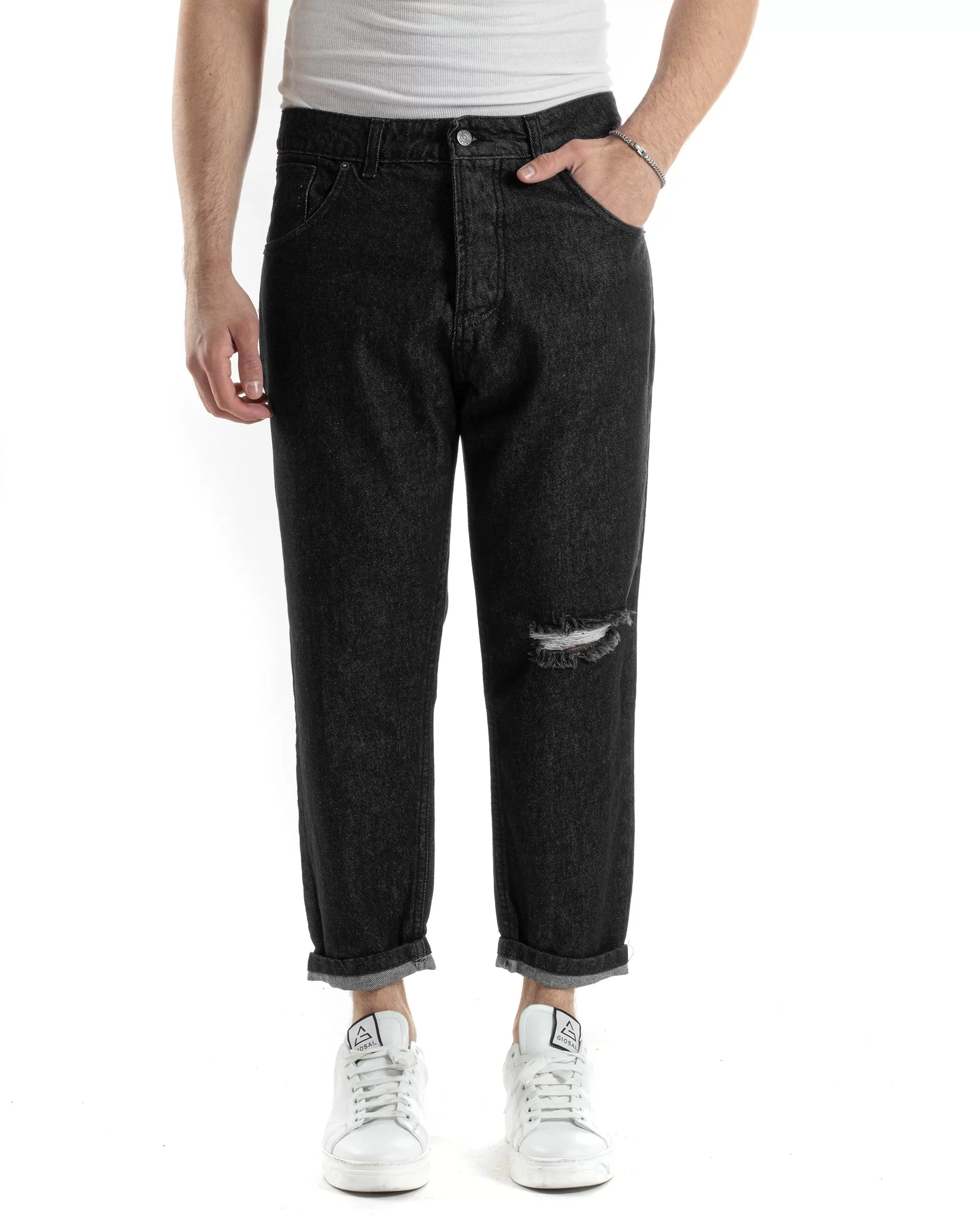 Pantaloni Jeans Uomo Straight Fit Taglio Al Ginocchio Denim Stonewashed Nero GIOSAL-JS1019A