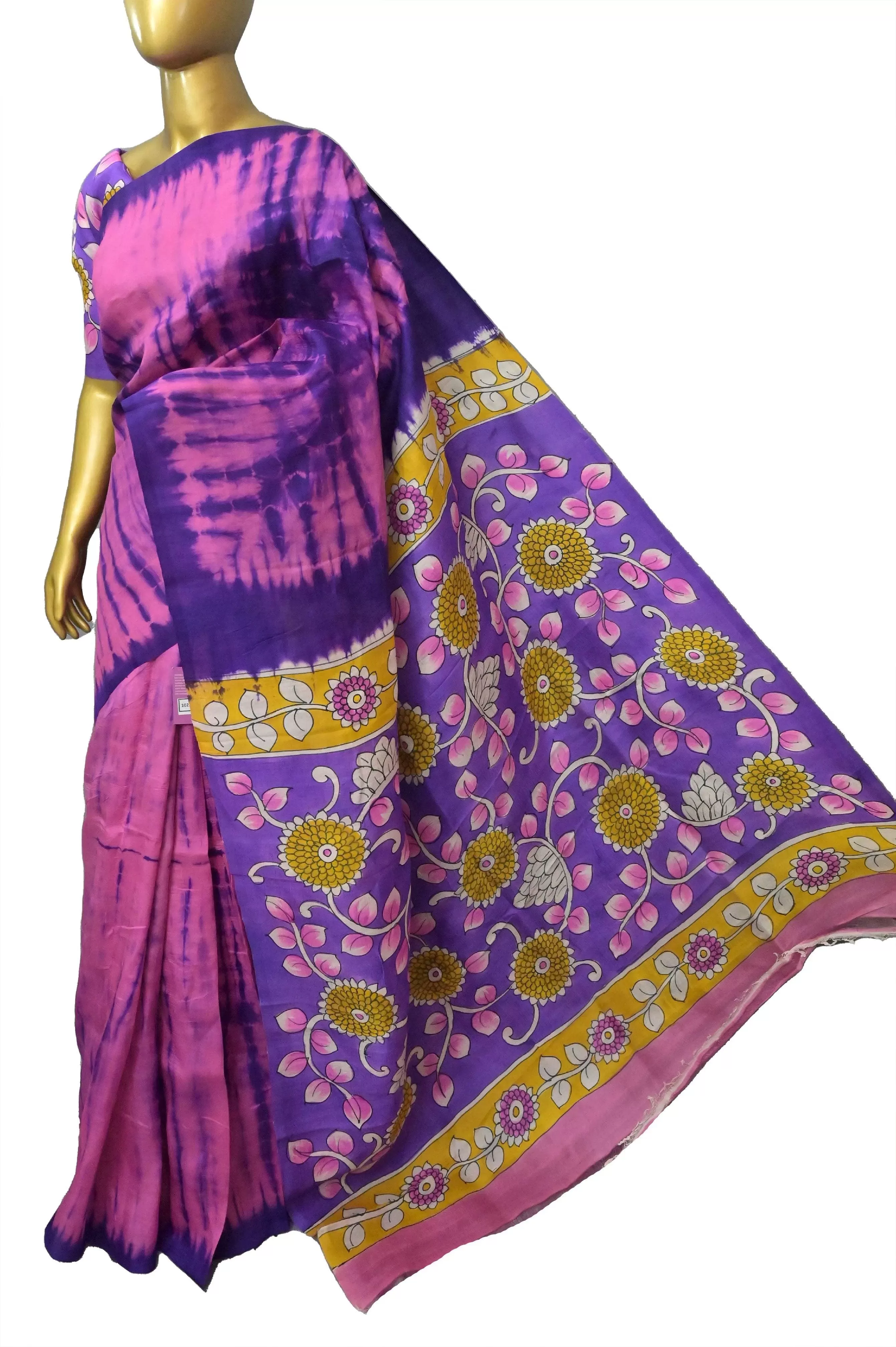 Pink and Purple Color Pure Bishnupur Silk with Hand Shibori and Hand Kalamkari