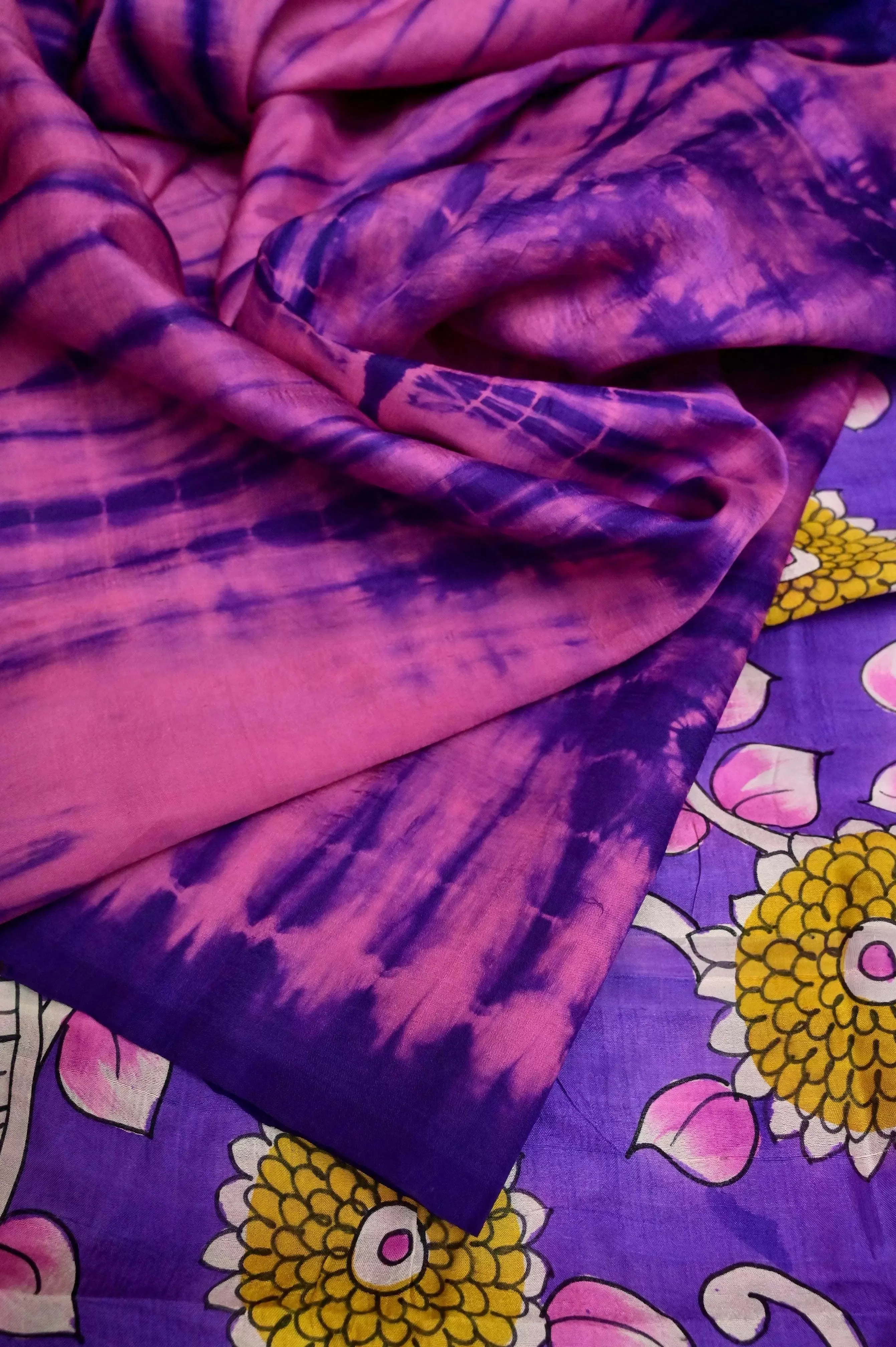 Pink and Purple Color Pure Bishnupur Silk with Hand Shibori and Hand Kalamkari