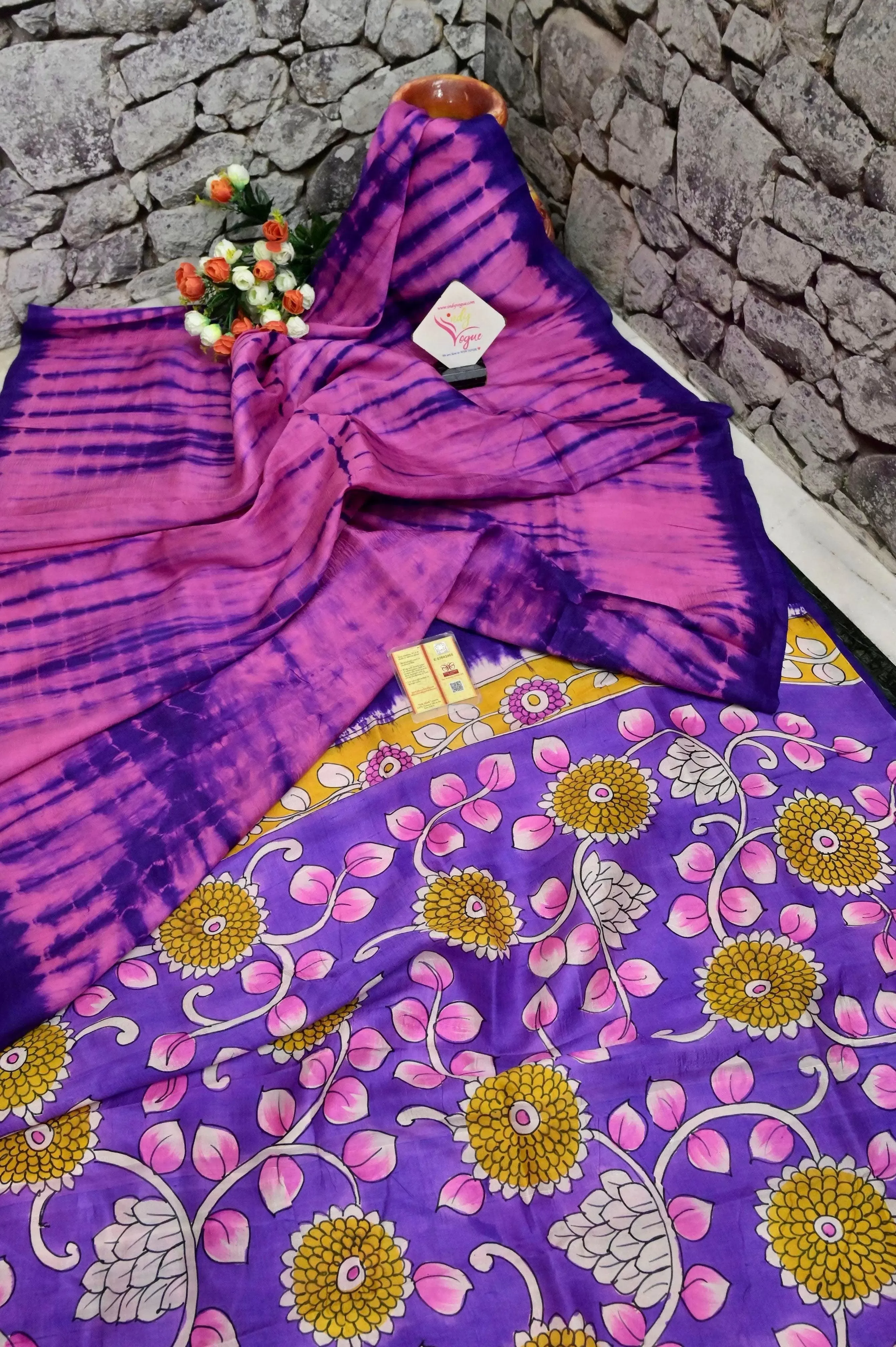 Pink and Purple Color Pure Bishnupur Silk with Hand Shibori and Hand Kalamkari