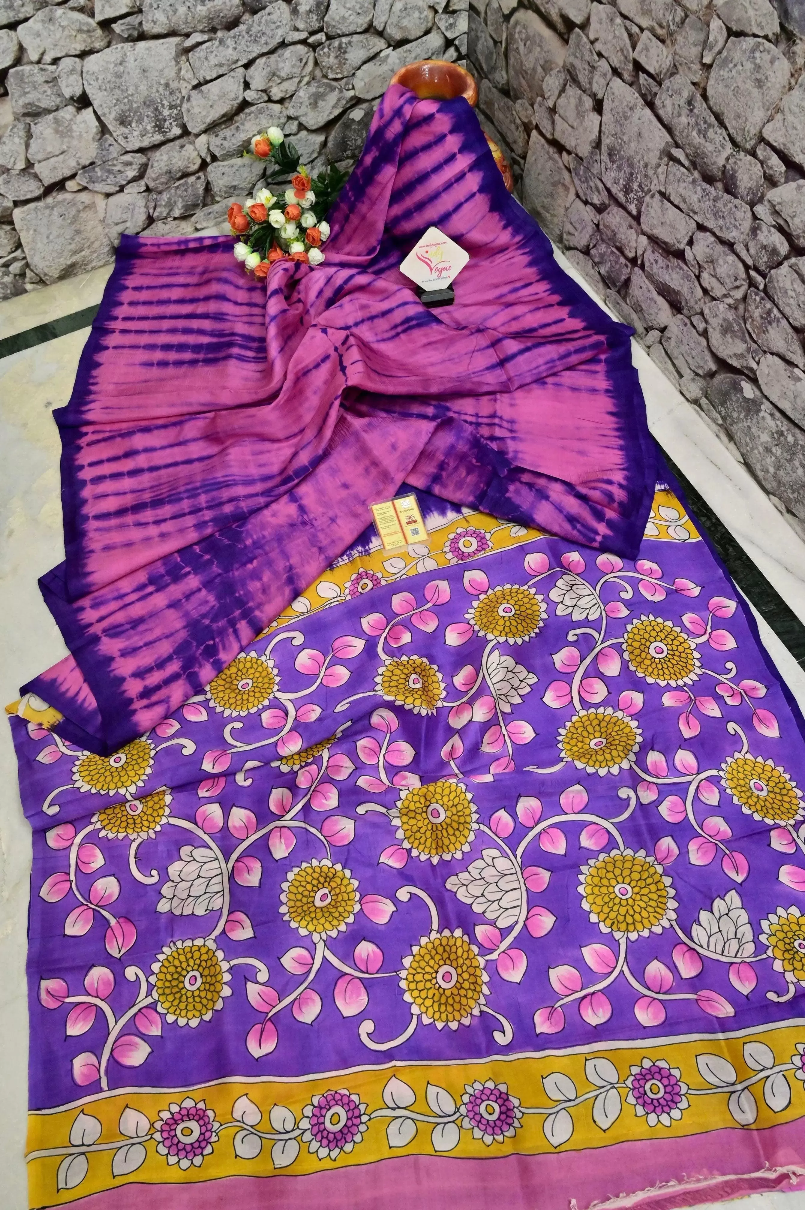 Pink and Purple Color Pure Bishnupur Silk with Hand Shibori and Hand Kalamkari