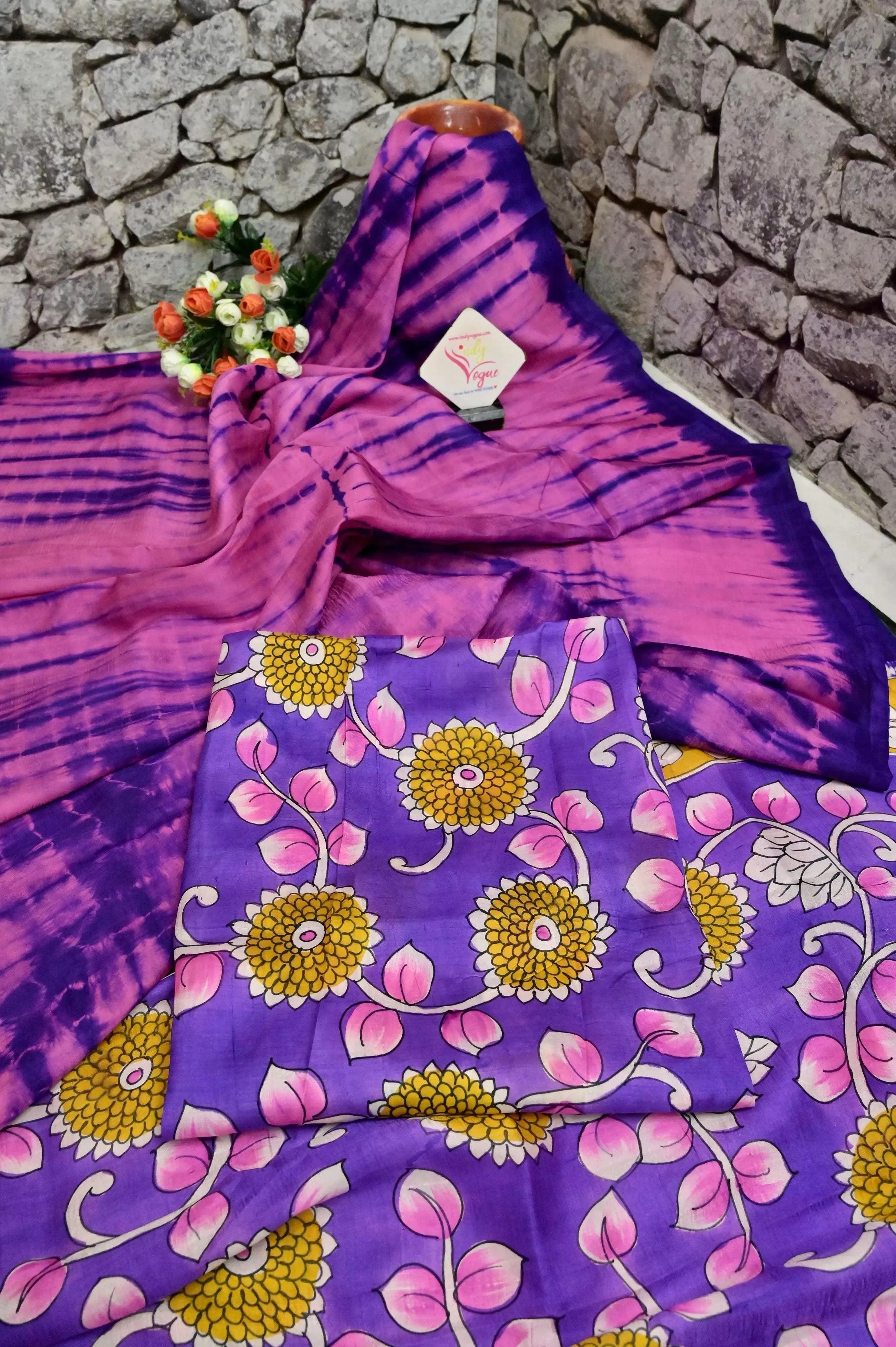 Pink and Purple Color Pure Bishnupur Silk with Hand Shibori and Hand Kalamkari