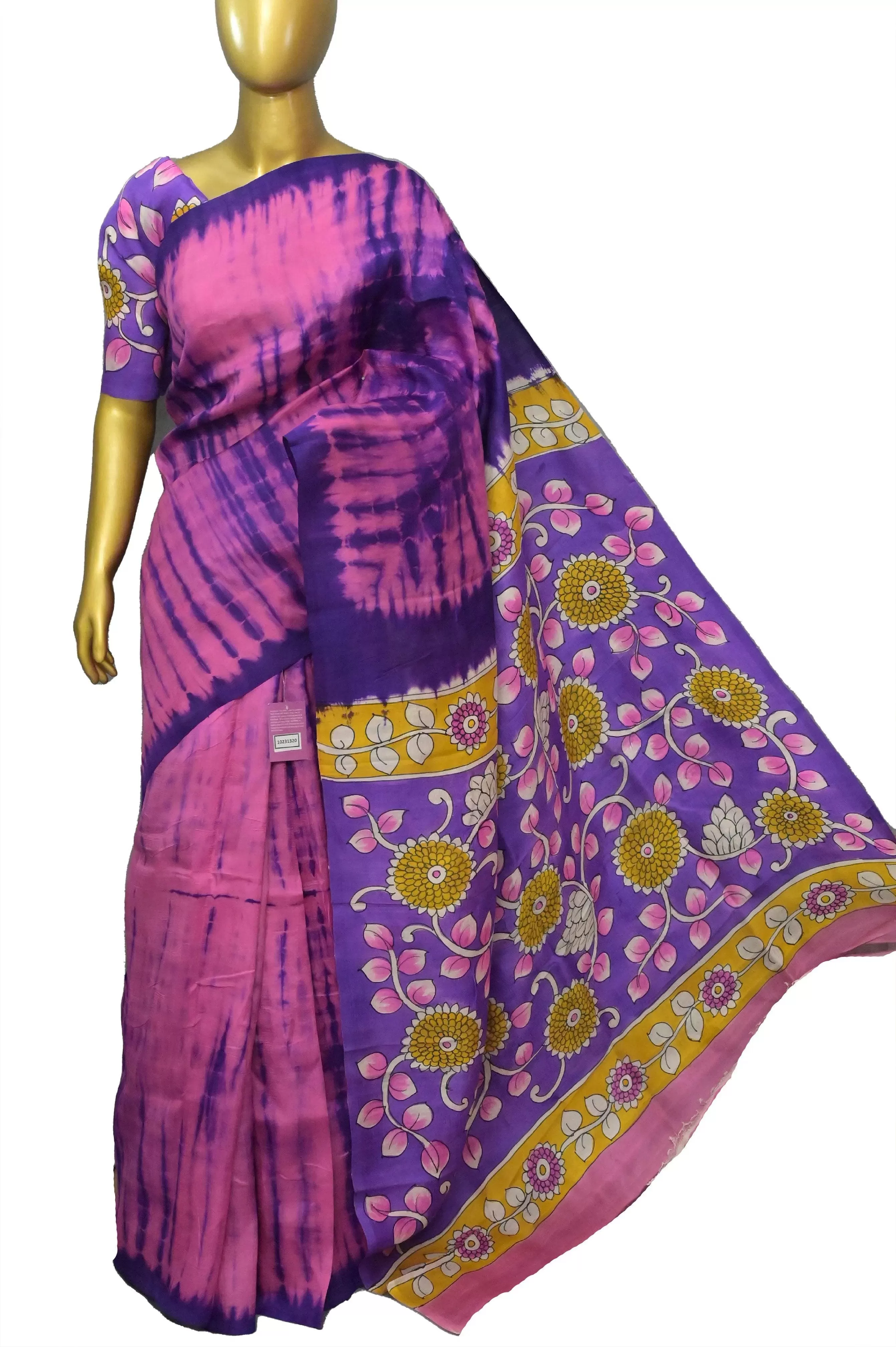 Pink and Purple Color Pure Bishnupur Silk with Hand Shibori and Hand Kalamkari