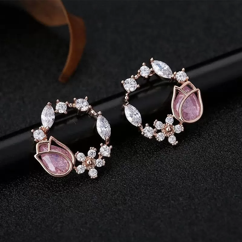 Pink CZ Tulip Rose Golden Sterling Silver Stud Earrings