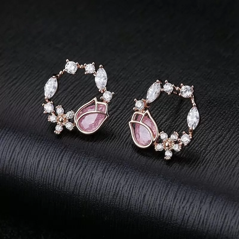 Pink CZ Tulip Rose Golden Sterling Silver Stud Earrings