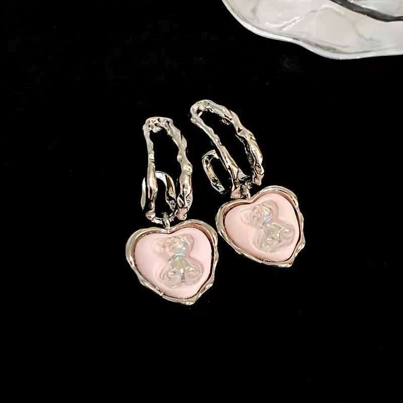 Pink Heart With Bear Decor Dangle Earrings Cute Coquette Style Alloy Jewelry Adorable Gift For Lovers