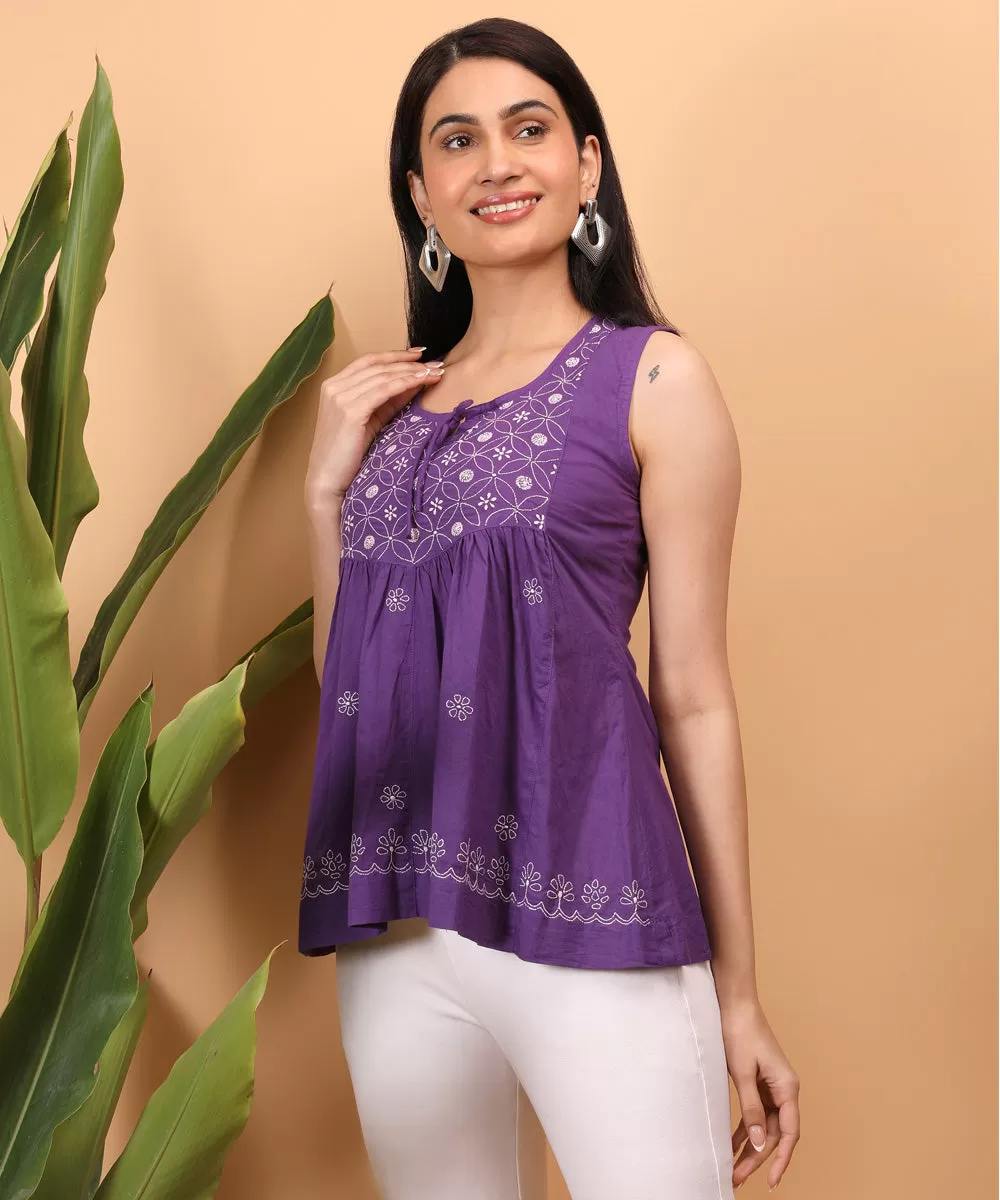 Purple hand embroidered cotton chikankari yoke top