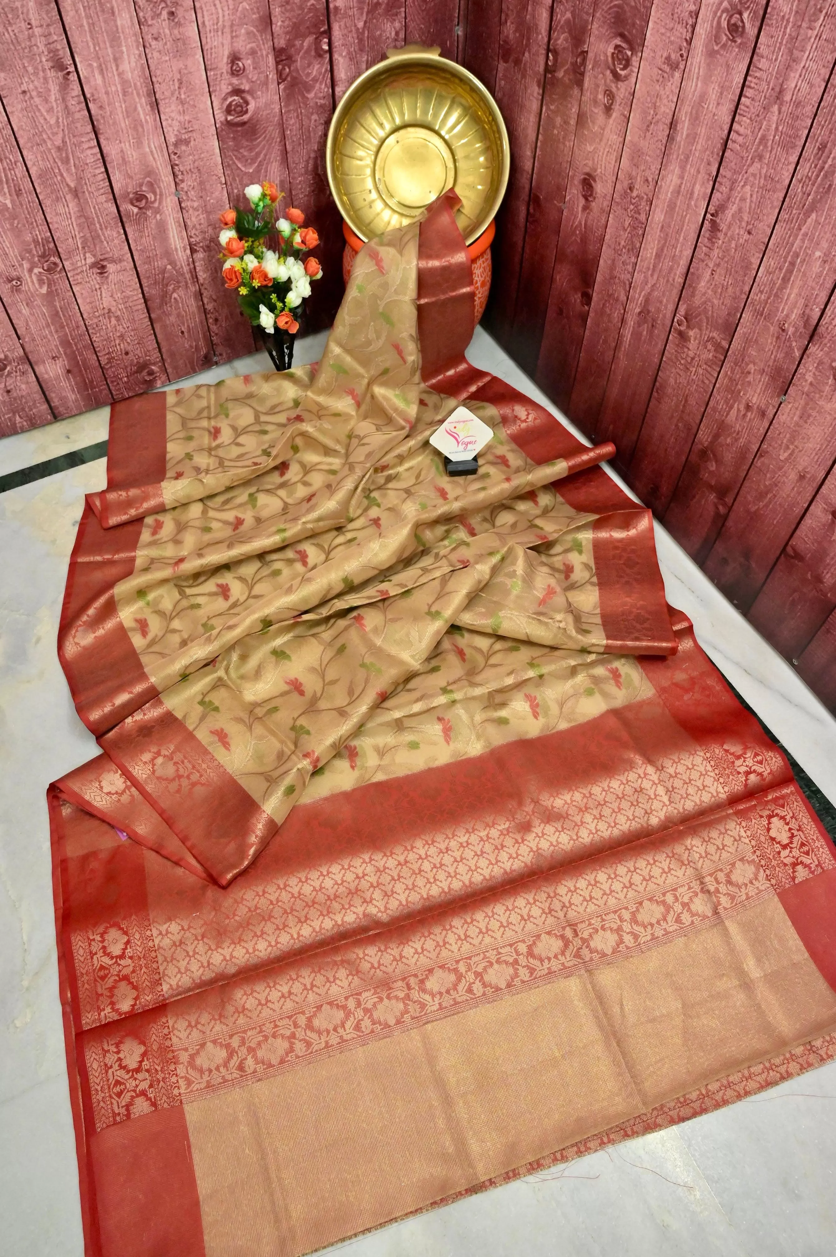 Red and Offwhite Color Tissue Kota Banarasi with Jaal and Meenakari Work