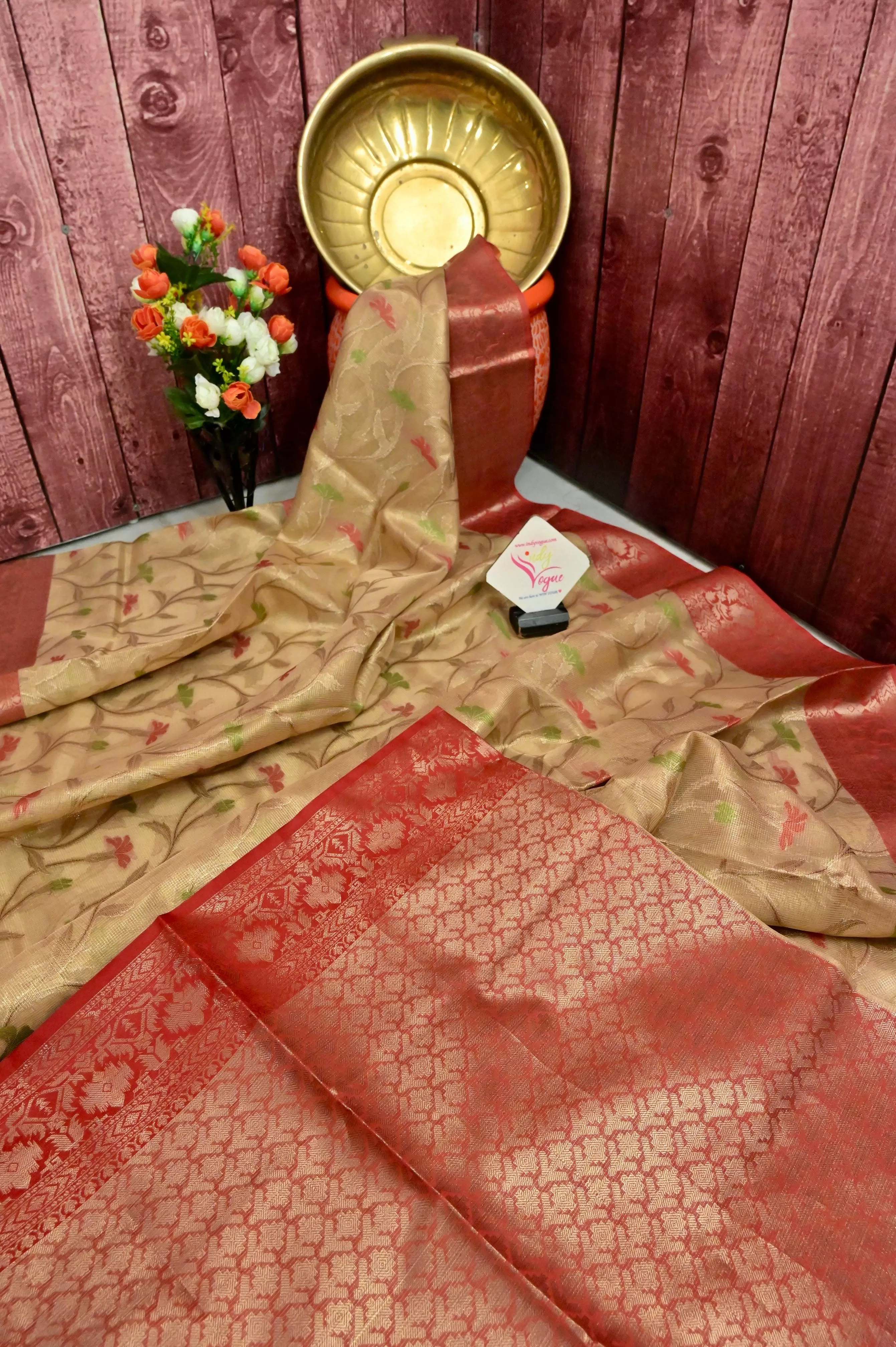 Red and Offwhite Color Tissue Kota Banarasi with Jaal and Meenakari Work