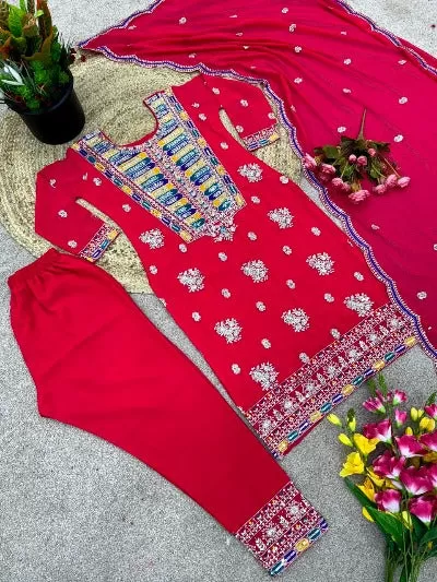 Red Georgette Thread Embroidered Sequenced Straight Suit Set