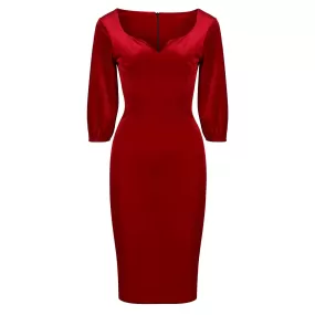 Red Velour Diamond Neckline 3/4 Sleeve Vintage Wiggle Dress