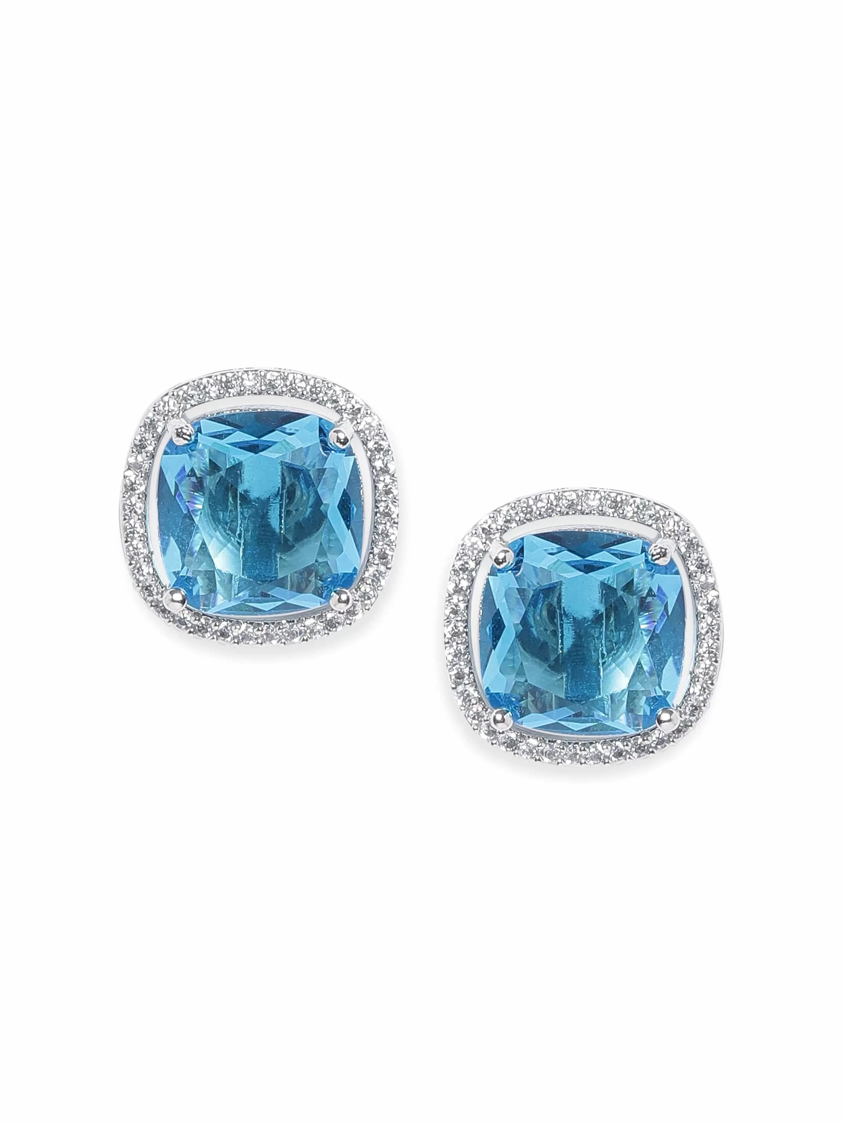 Rubans Rhodium plated Blue Zirconia Cushion cut Classy stud Earring