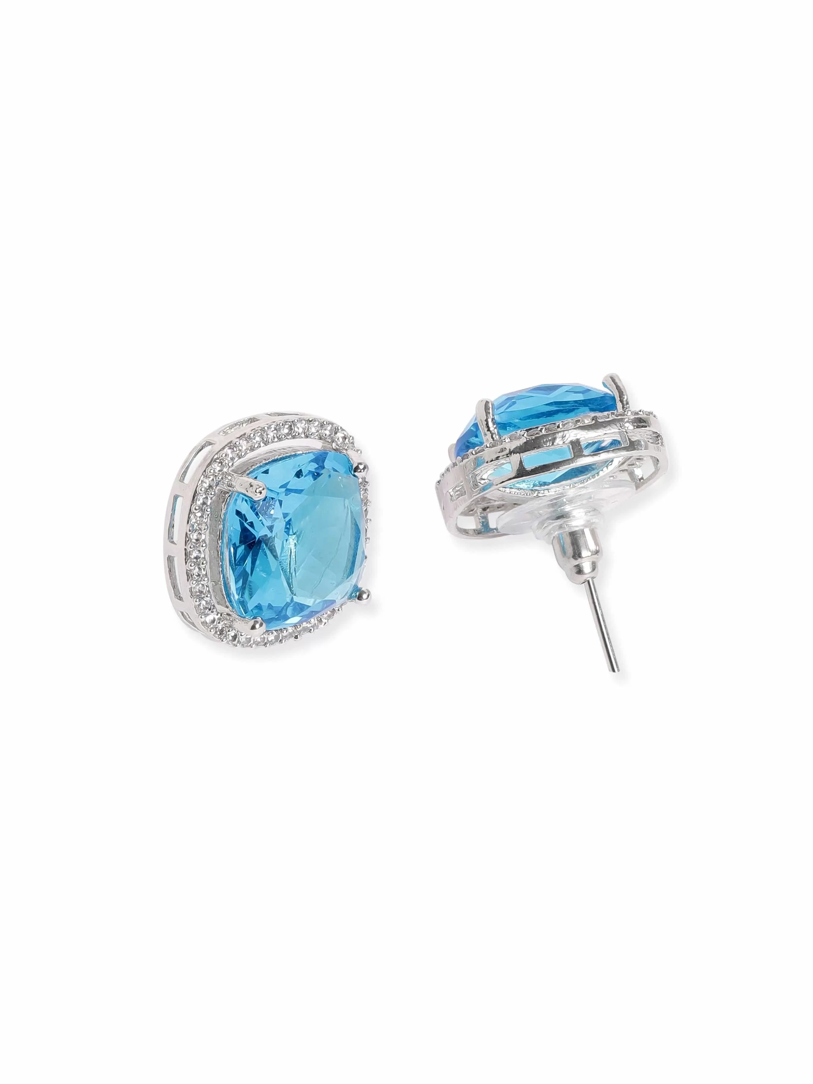 Rubans Rhodium plated Blue Zirconia Cushion cut Classy stud Earring