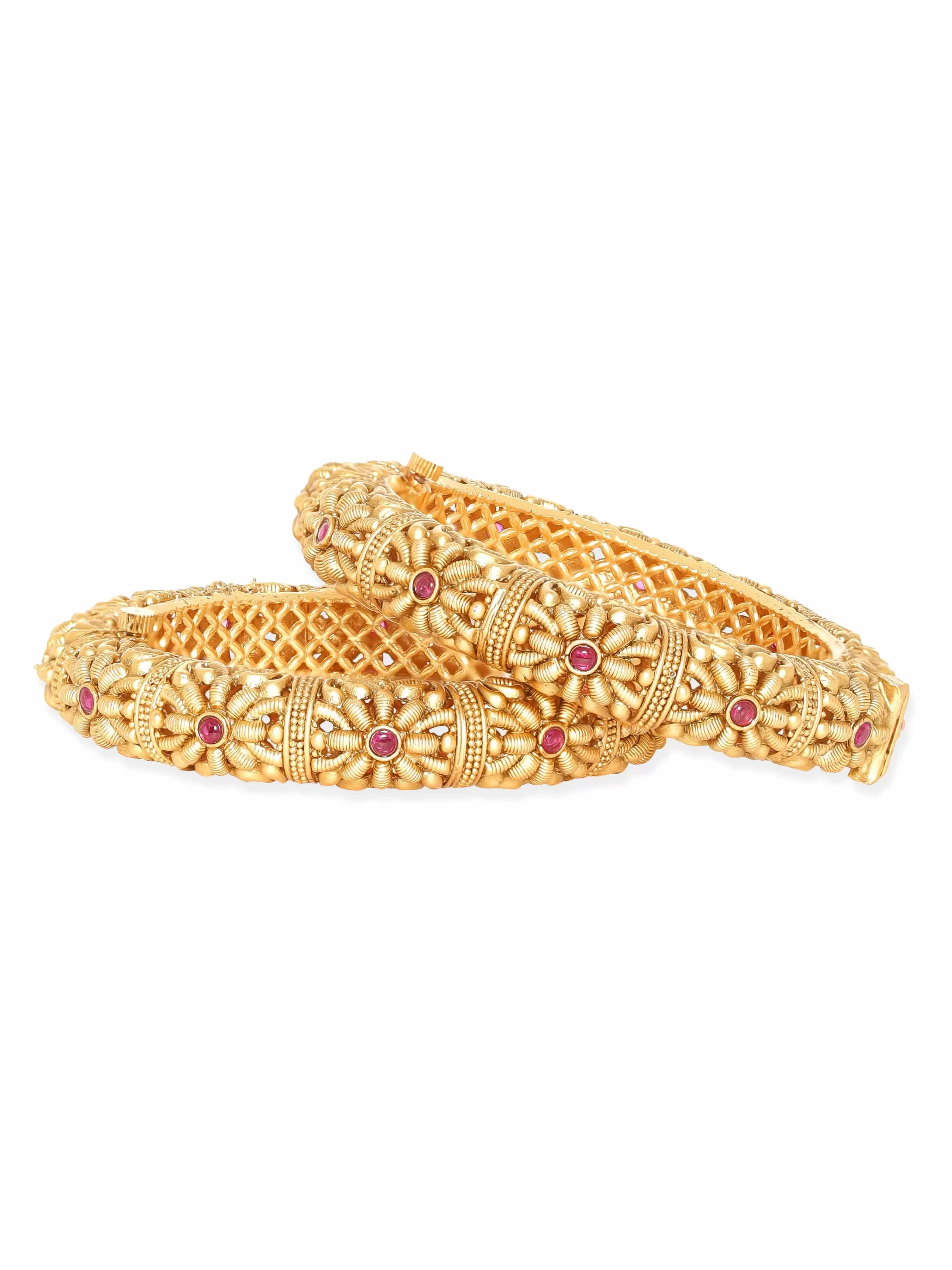 Rubans  Set Of 2 Gold Tone Bangles With Pink Stone