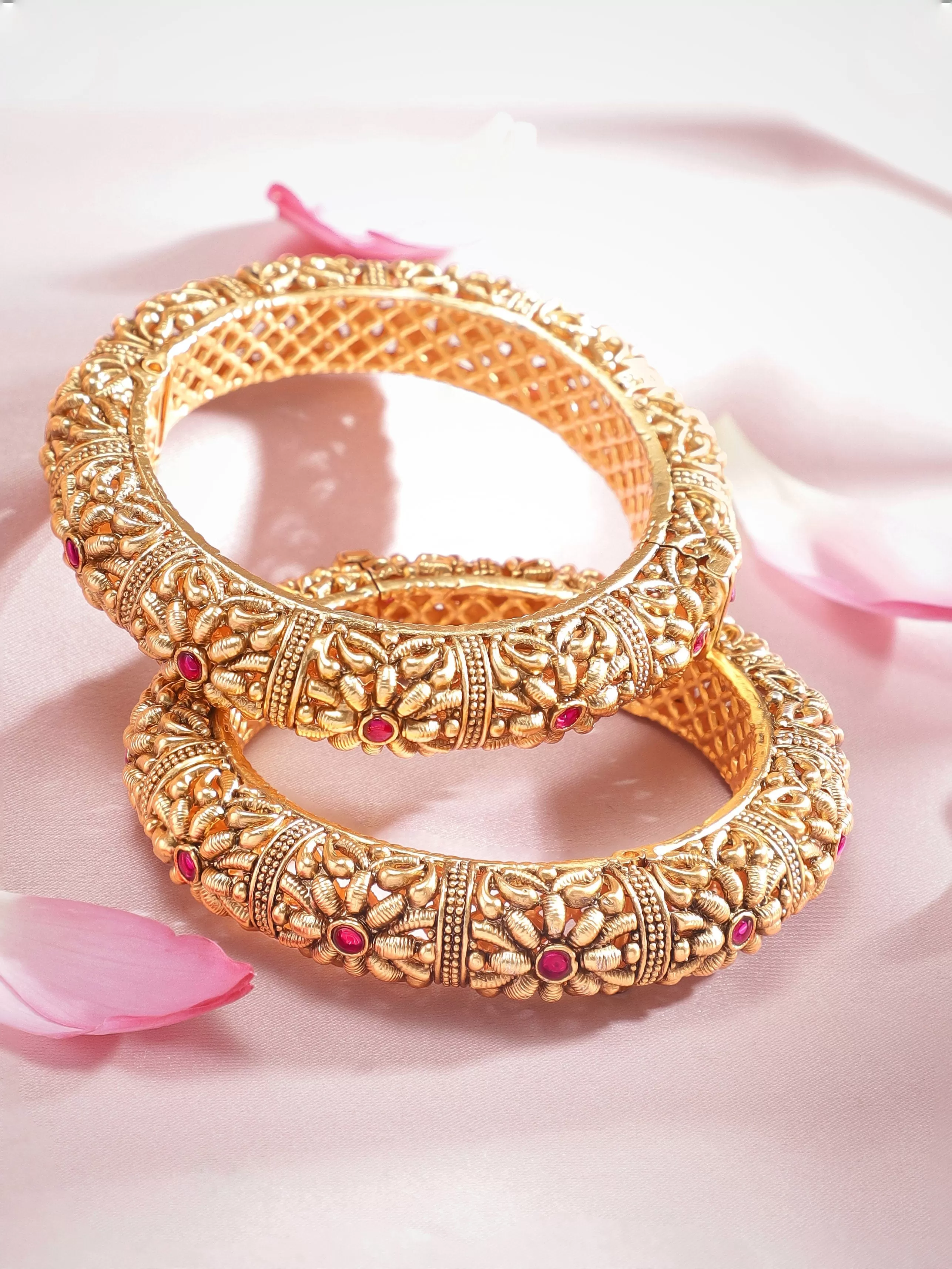 Rubans  Set Of 2 Gold Tone Bangles With Pink Stone