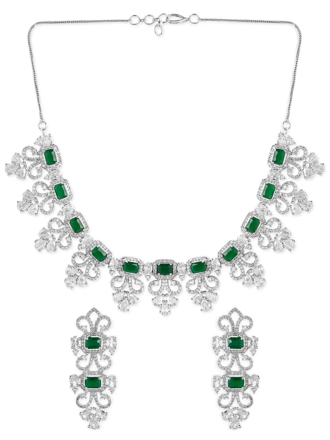 Rubans Silver Plated Green Emerald AD Studded Necklace Set.