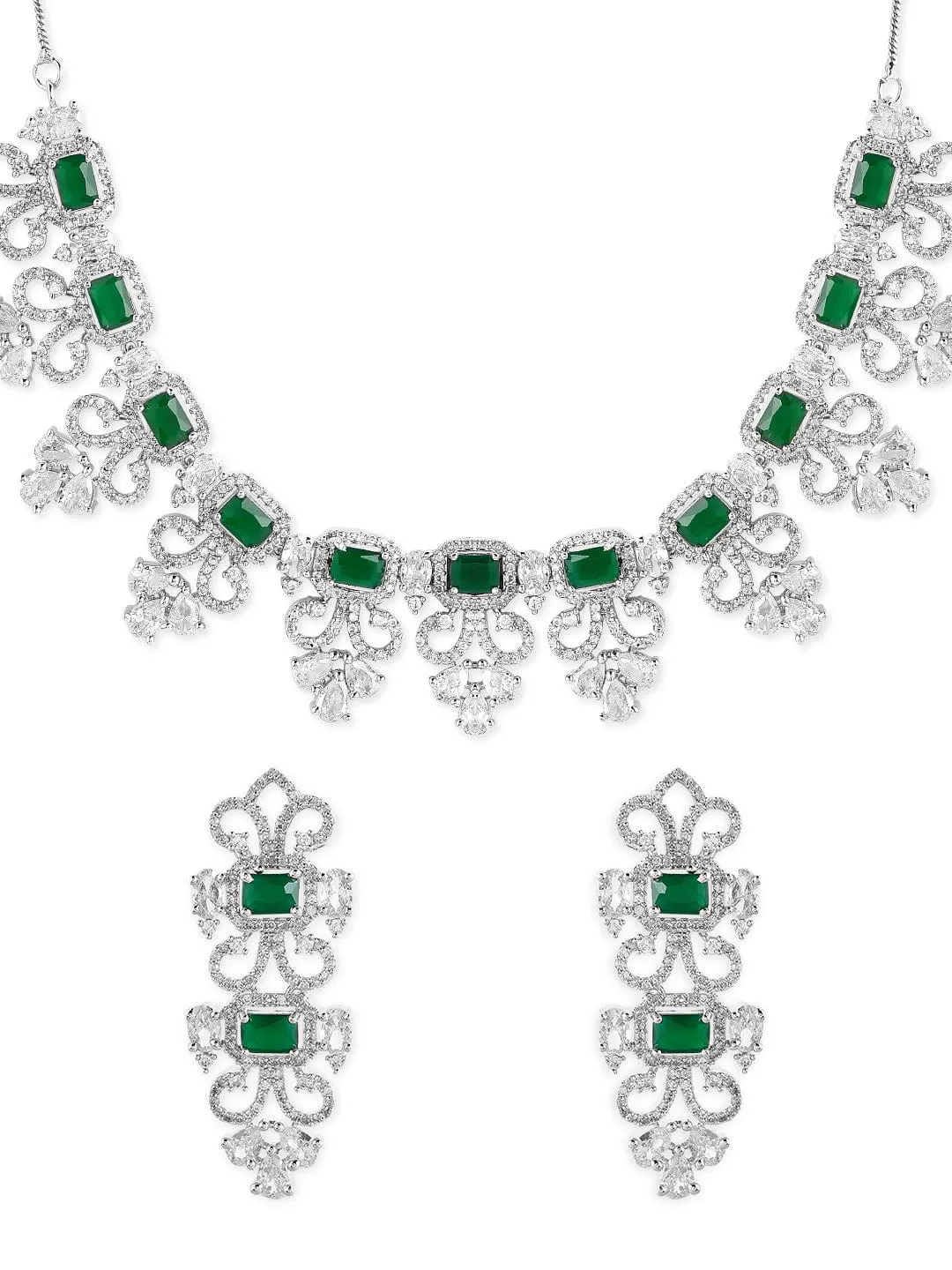 Rubans Silver Plated Green Emerald AD Studded Necklace Set.