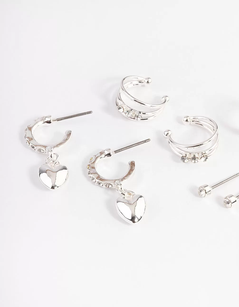 Silver Crystal Puffed Heart Earrings 4-Pack