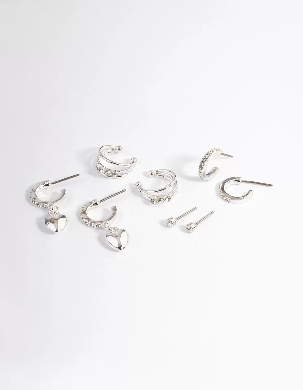 Silver Crystal Puffed Heart Earrings 4-Pack