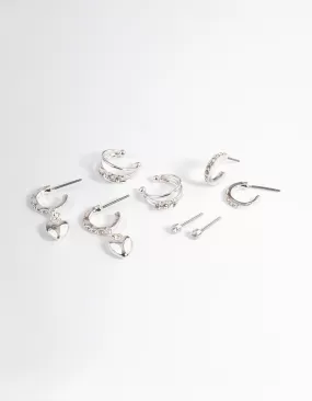 Silver Crystal Puffed Heart Earrings 4-Pack