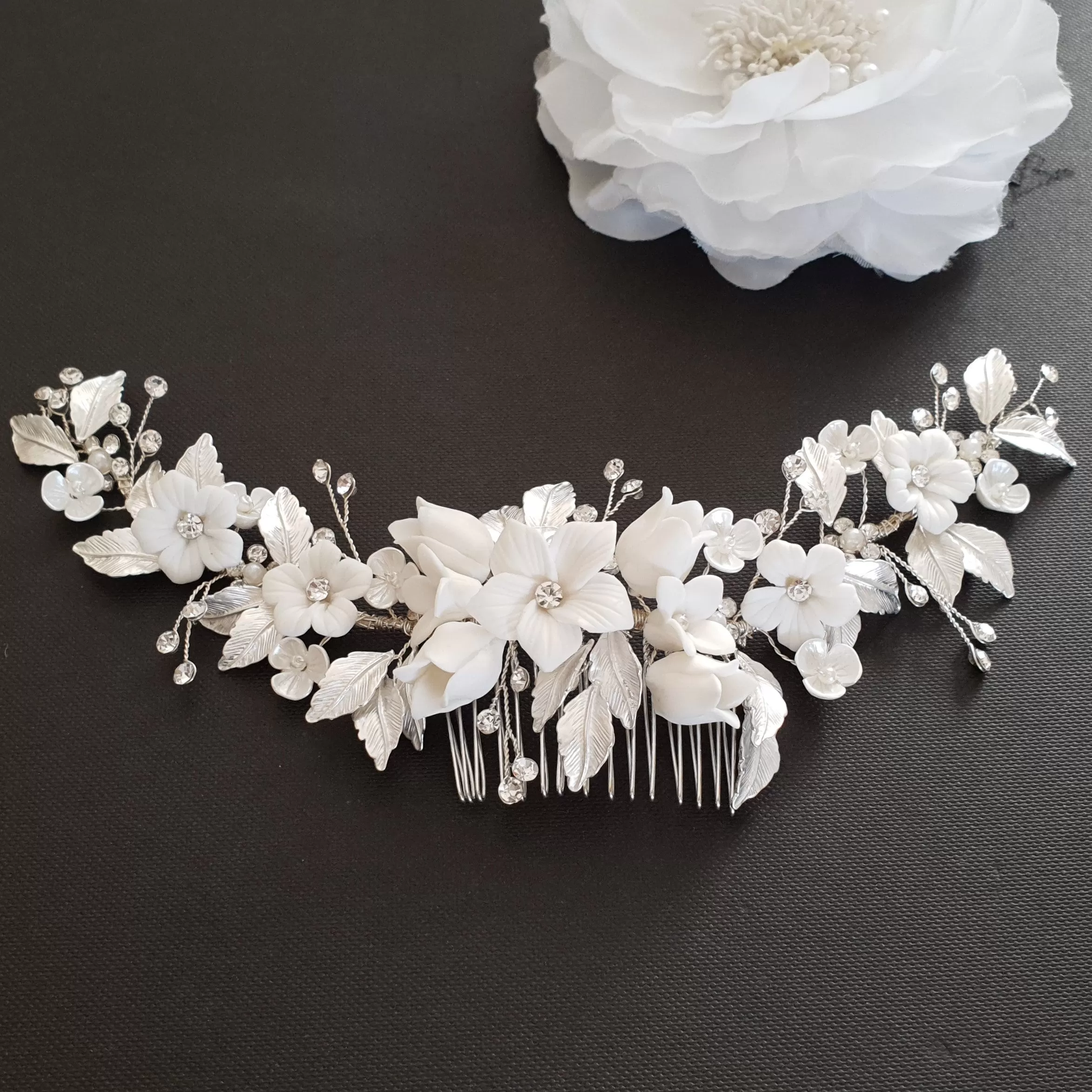 Silver Foral Hair Comb for Brides -Daffodil