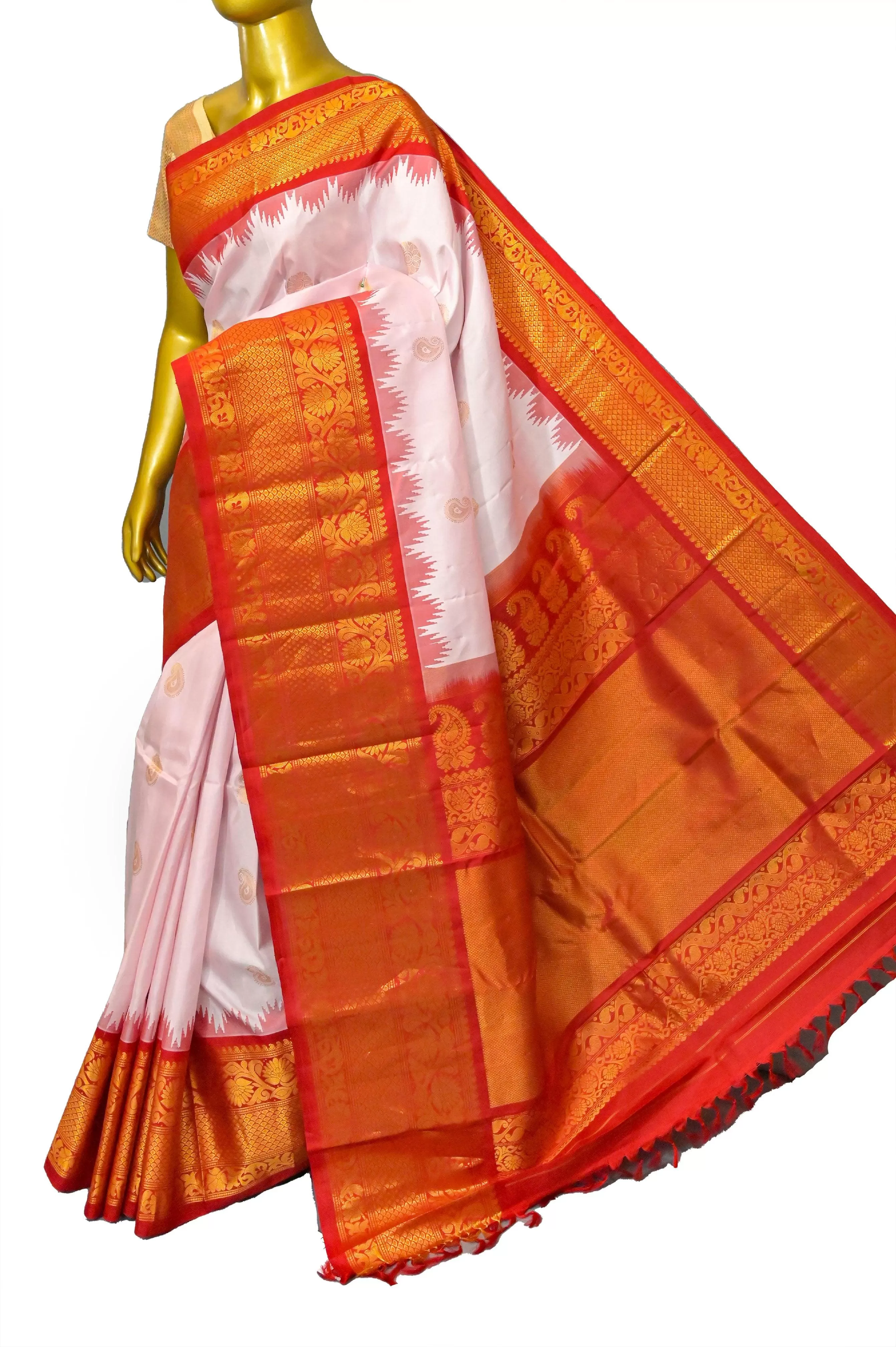 Soft Pink and Red Color Pure Gadwal Silk Saree