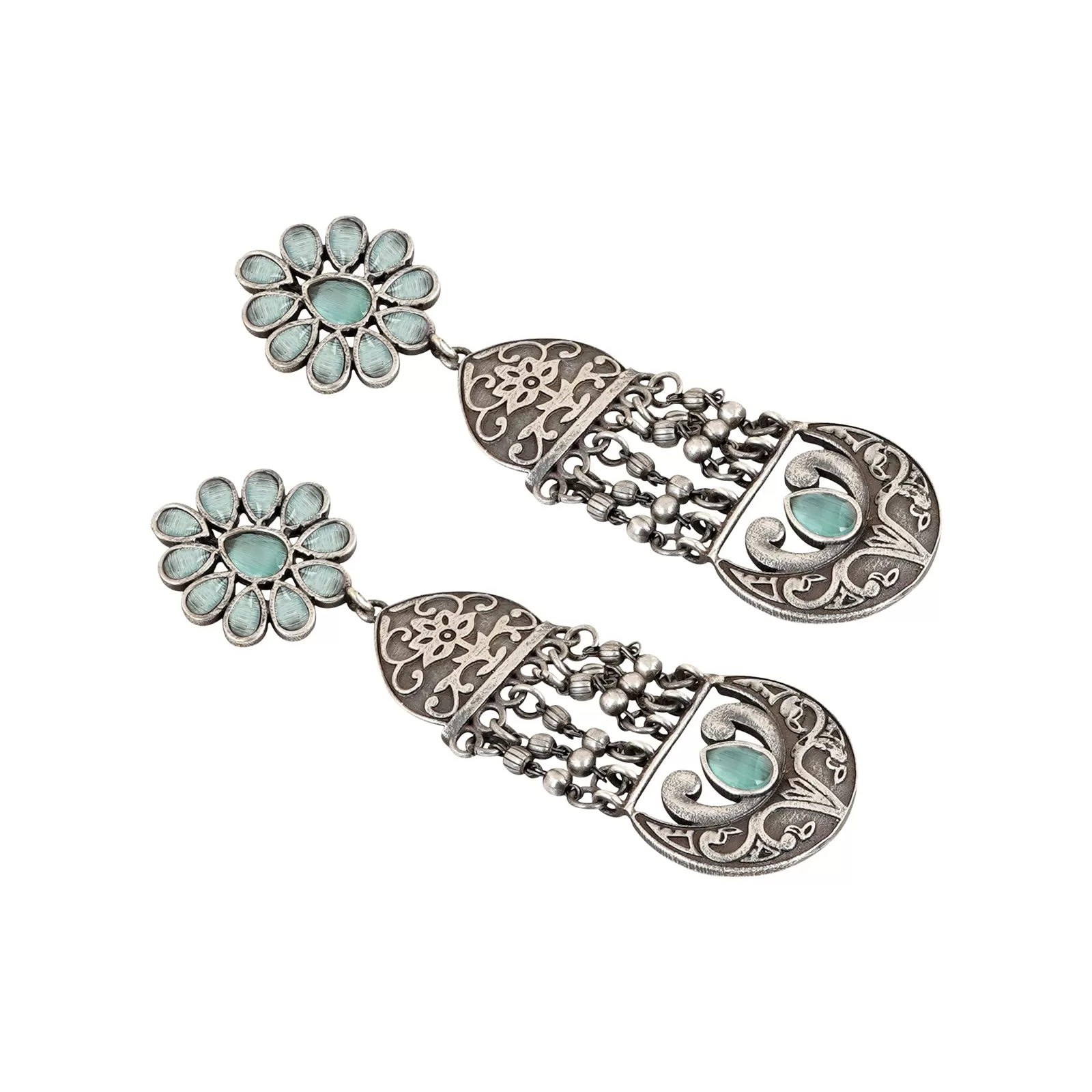 Teejh Bina Floral Green Silver Oxidised Earrings