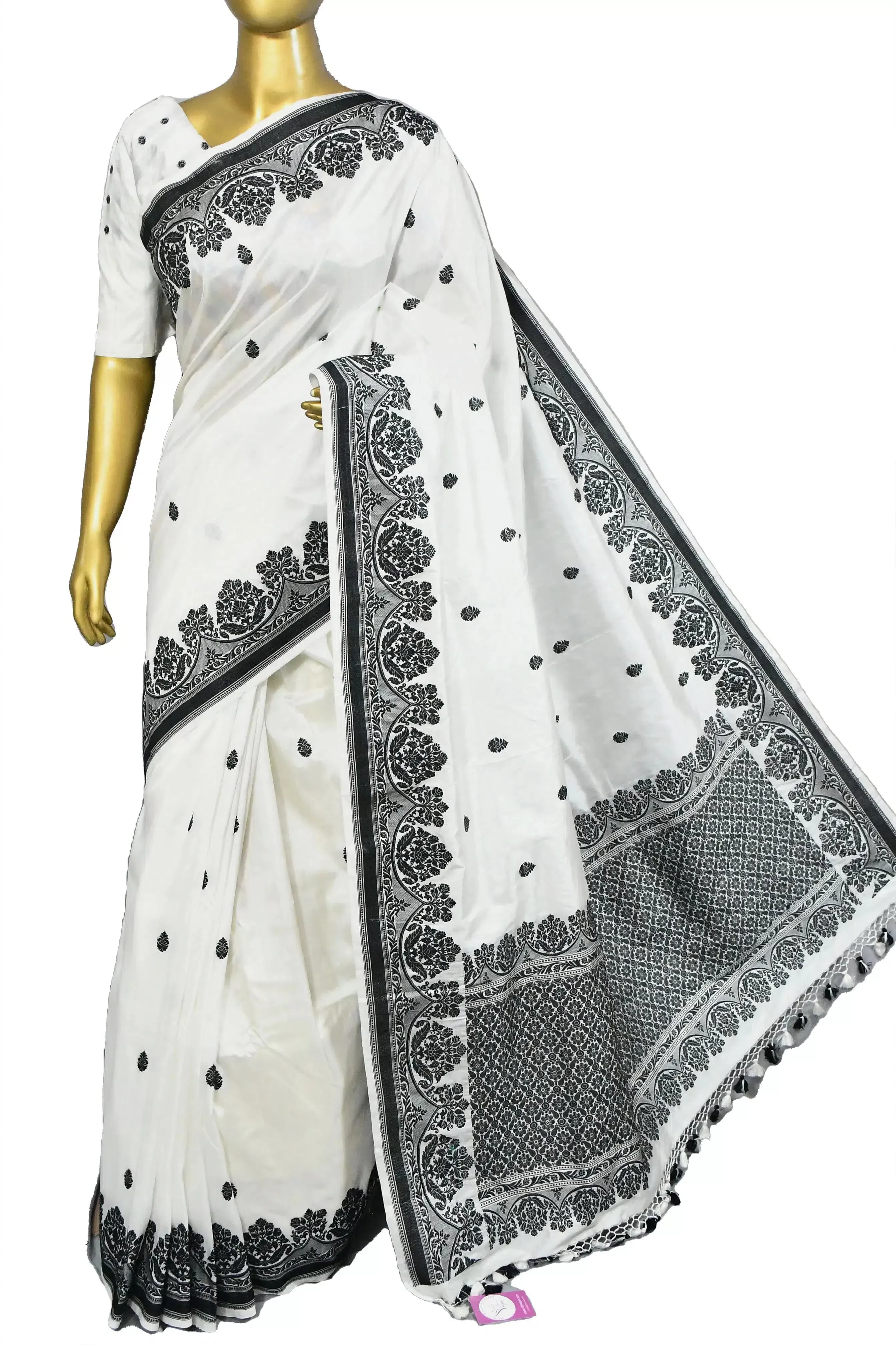 White and Black Color katan Banarasi Saree with Resham Buti Work