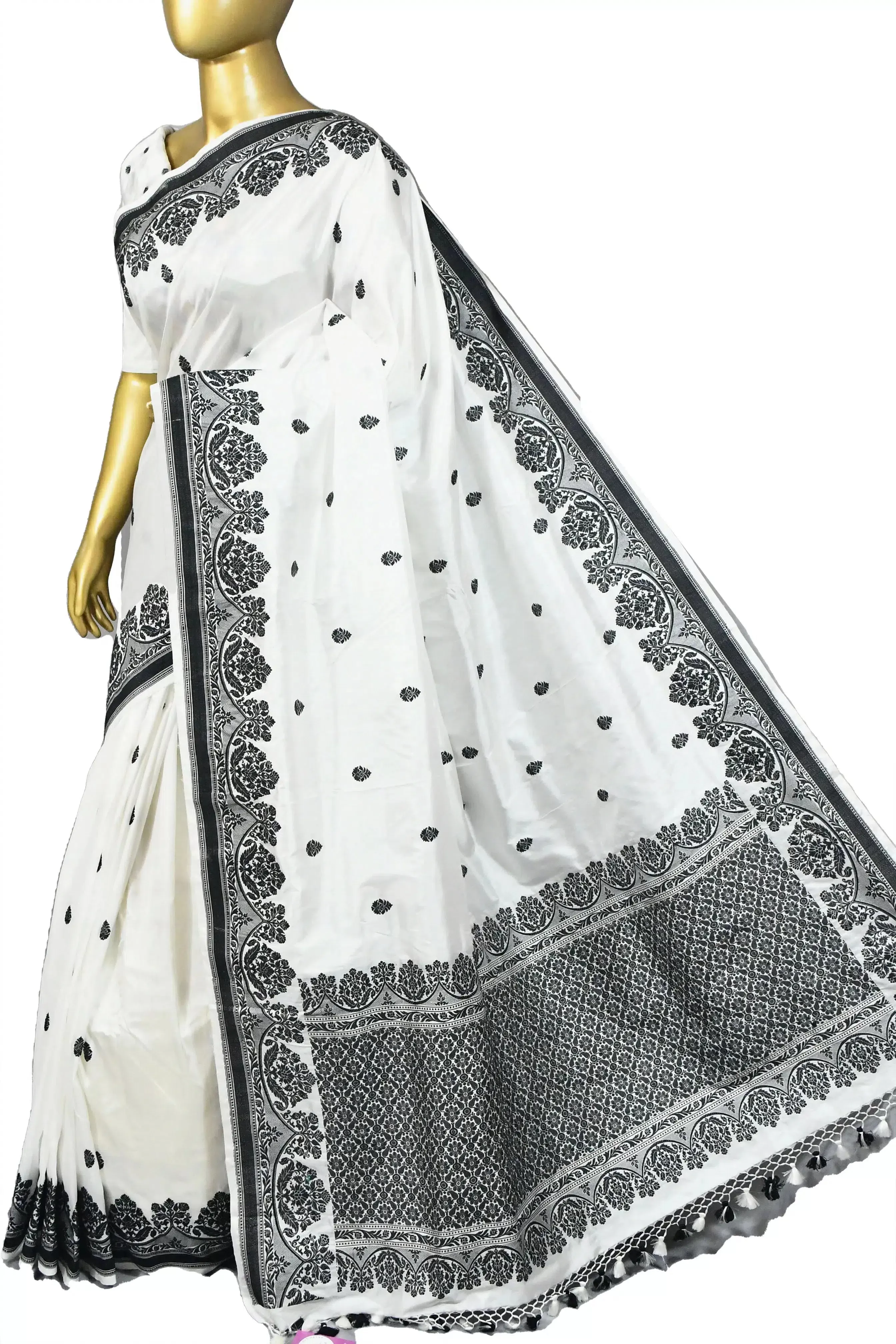 White and Black Color katan Banarasi Saree with Resham Buti Work