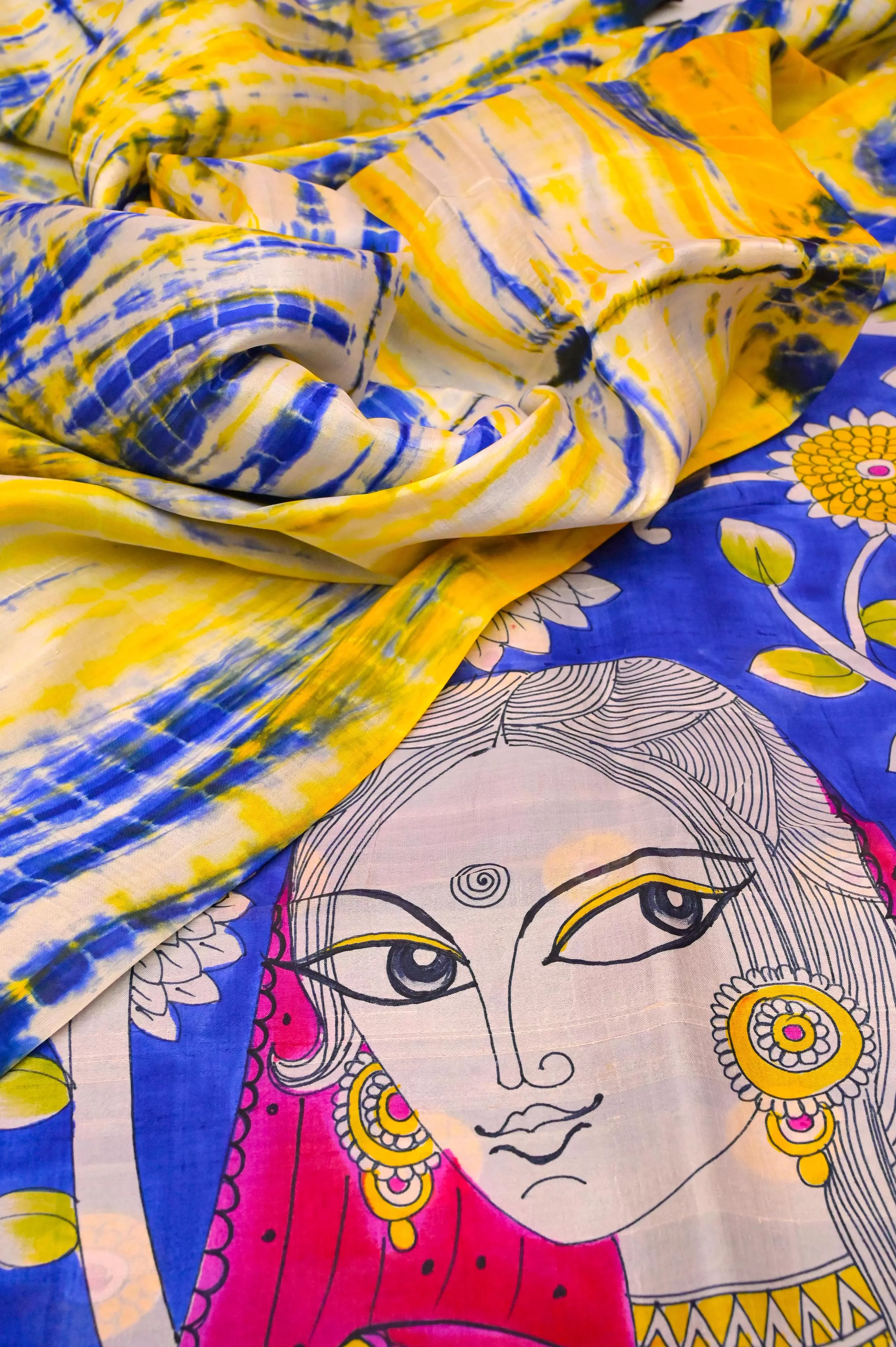 Yellow and Indigo Blue Color Pure Bishnupur Katan Silk with Hand Kalamkari & Hand Shibori Dye