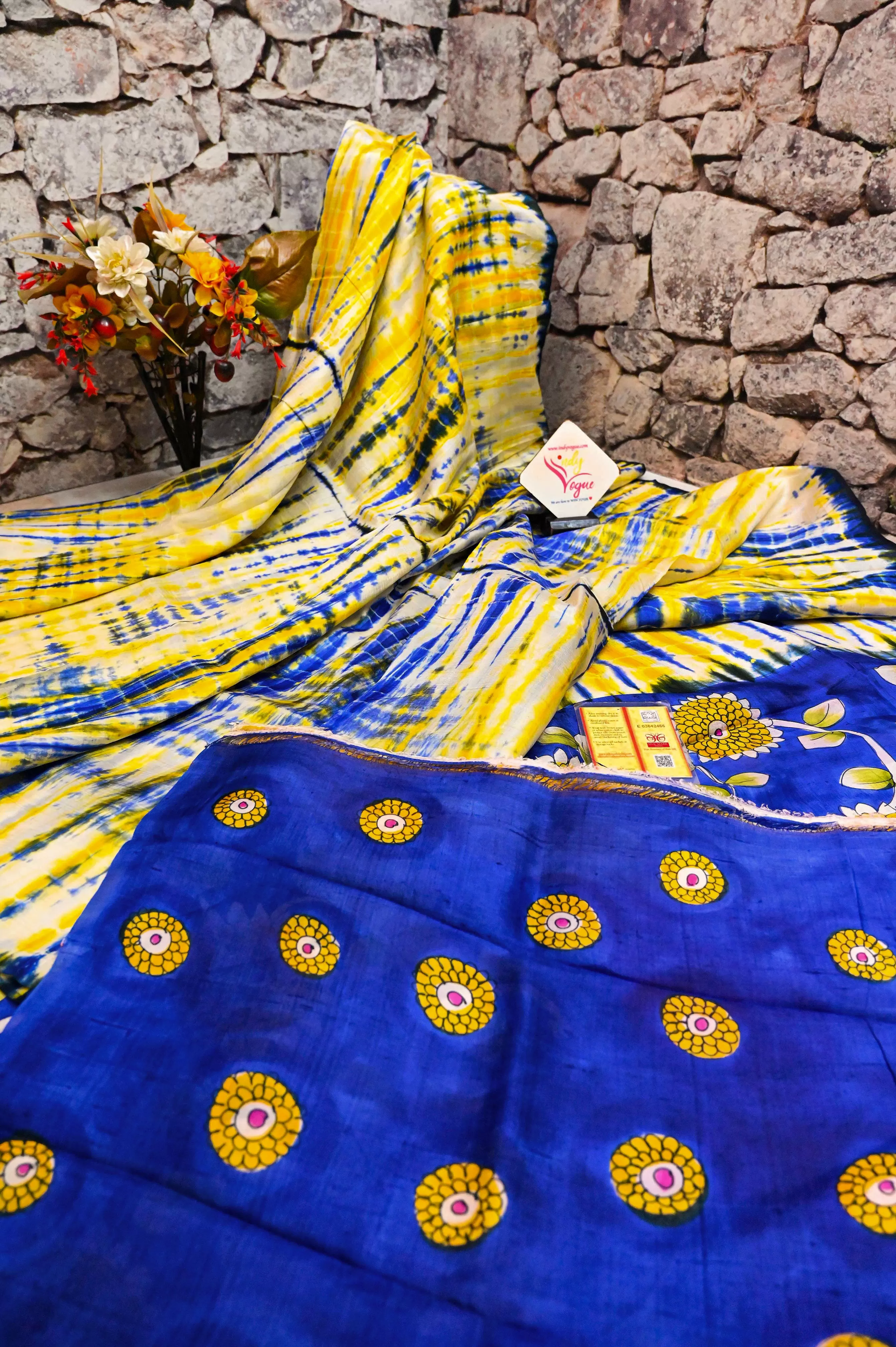 Yellow and Indigo Blue Color Pure Bishnupur Katan Silk with Hand Kalamkari & Hand Shibori Dye