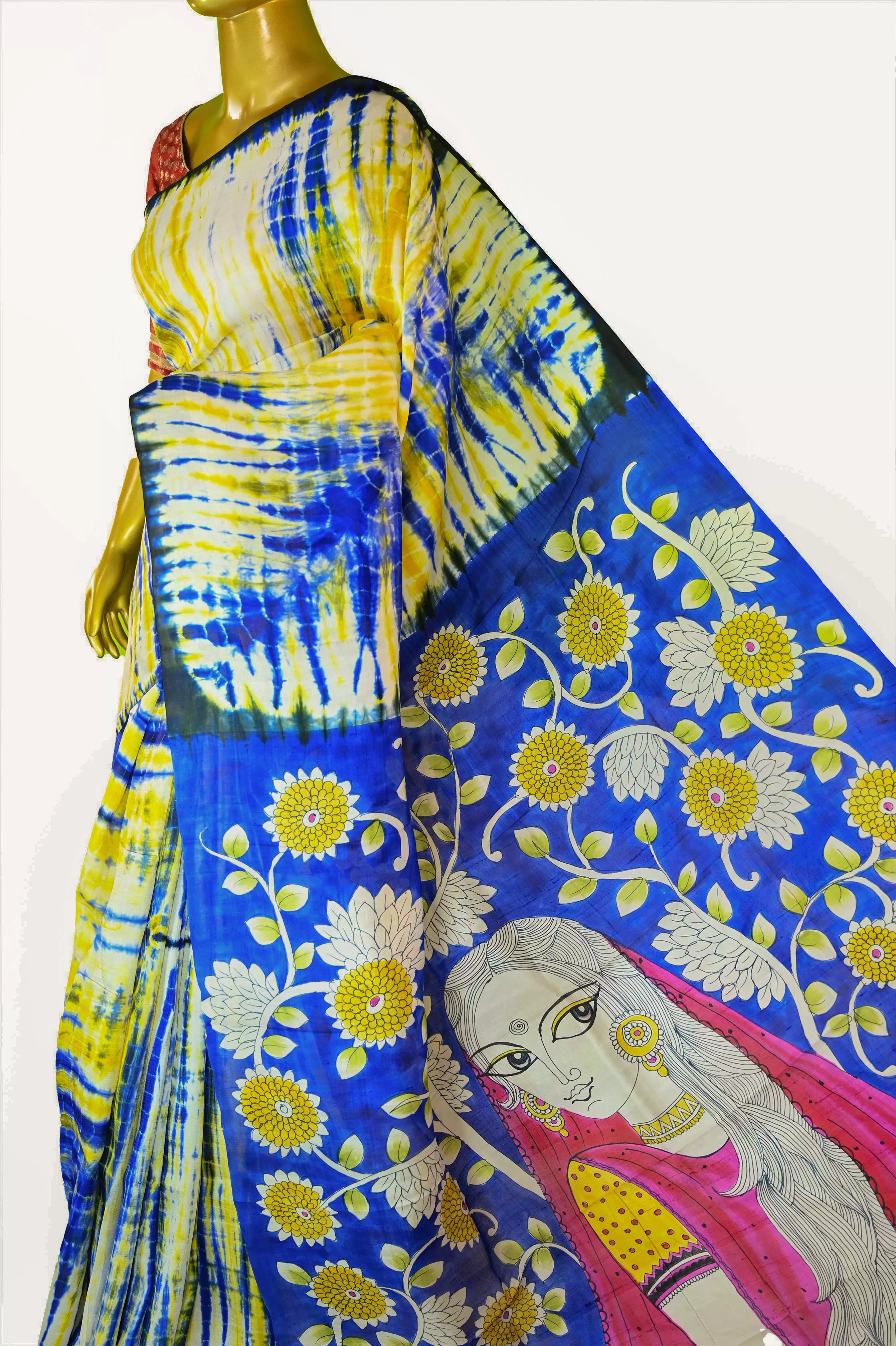 Yellow and Indigo Blue Color Pure Bishnupur Katan Silk with Hand Kalamkari & Hand Shibori Dye